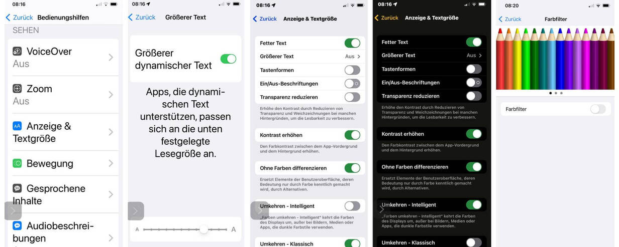 In den Einstellungen kann der Text auf dem iPhone vergrössert werden. Eine der Bedienungshilfen auf dem iPhone vergrössert den Text.