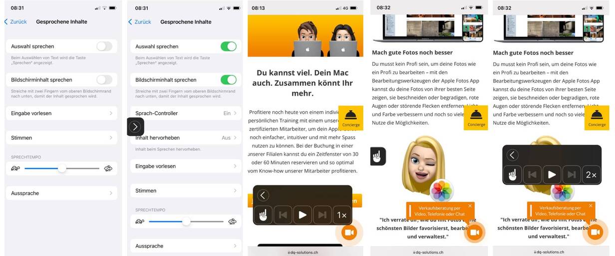 Anhand der fünf Screenshots siehst du, wie «Gesprochene Inhalte» funktioniert. Mit der Funktion «Gesprochene Inhalte» liest dein iPhone dir vor, was auf dem Display zu sehen ist.