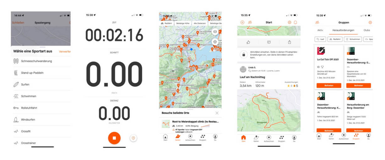 Screenshots zeigen Optionen mit der Sport App Strava