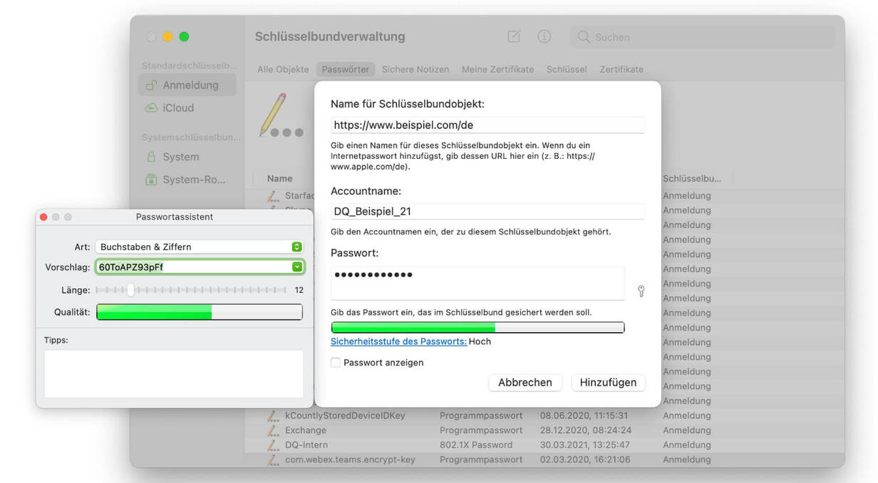 Wie du den Passwortassistenten in der Mac Schlüsselbundverwaltung anwendest. Name für Schlüsselbundobjekt im Mac Passwort-Manager vergeben.
