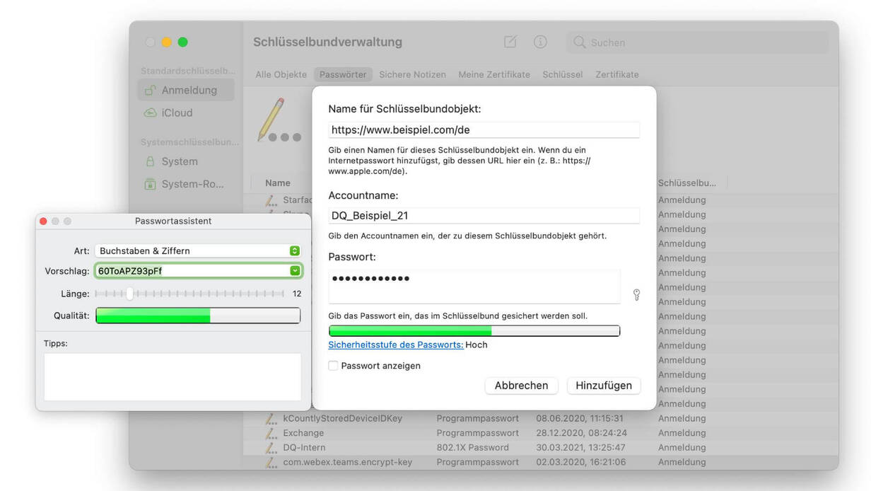 Wie du den Passwortassistenten in der Mac Schlüsselbundverwaltung anwendest. Name für Schlüsselbundobjekt im Mac Passwort-Manager vergeben.