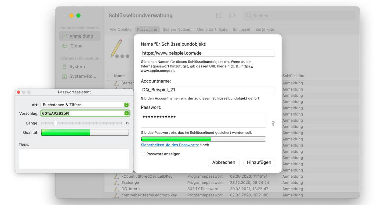 Name für Schlüsselbundobjekt im Mac Passwort-Manager vergeben.