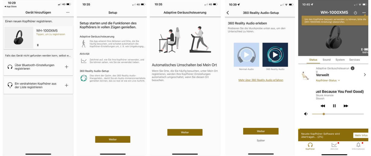 Sony Bluetooth Kopfhörer WH-1000XM5 ist einfach zu bedienen. Screenshots der App zum Sony Kopfhörer WH-1000XM5