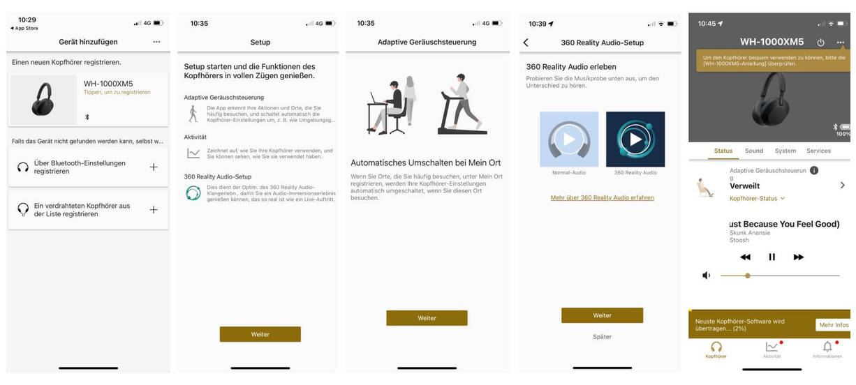 Screenshots der App zum Sony Kopfhörer WH-1000XM5