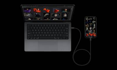 MacBook und iPhone 15 lassen sich mit USB-C verbinden. Schnelle Datenübertragung dank USB 3