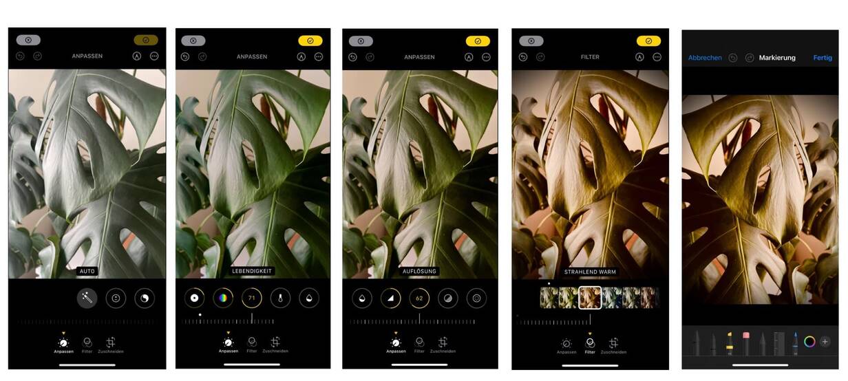 Fotos bearbeiten in der Apple Foto App Screenshots von der Fotobearbeitung in der iPhone Foto App