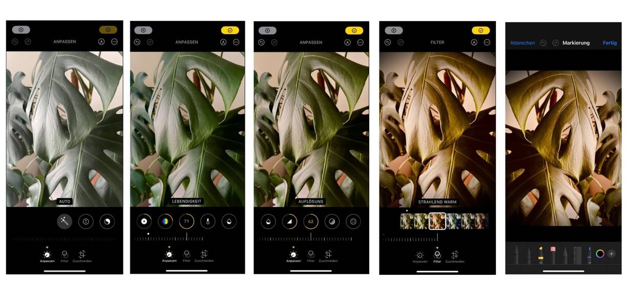 Screenshots von der Fotobearbeitung in der iPhone Foto App