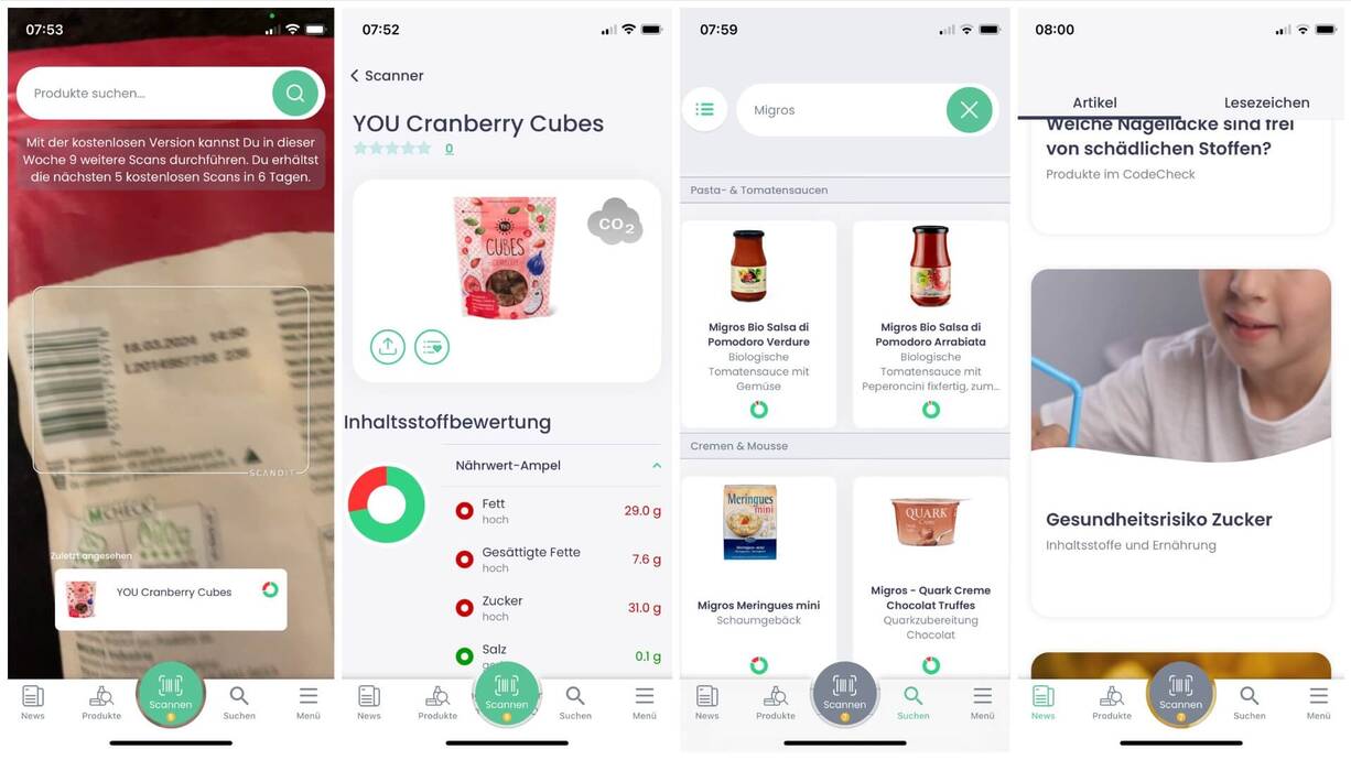 Screenshots der Produkt Scanner App CodeCheck