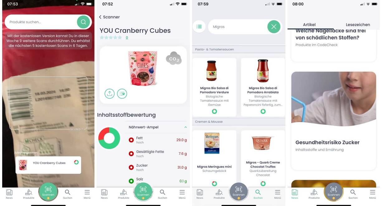Screenshots der Produkt Scanner App CodeCheck