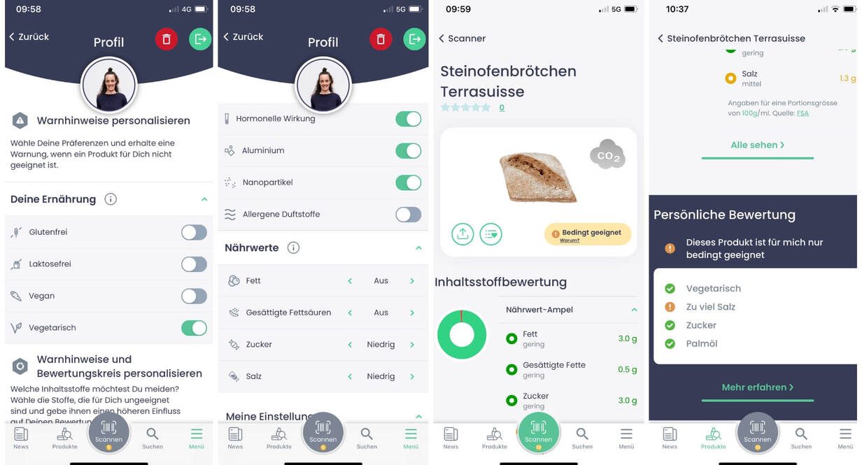 Aufbau des Profils innerhalb der Produkt Scanner App CodeCheck Screenshots Produkt Scanner CodeCheck