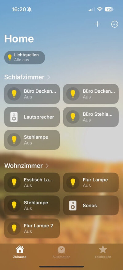 Screenshot Apple Home App mit Lichtquellen
