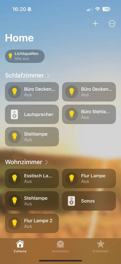Alle Lichtquellen eines Smart Home System in der Home App Screenshot Apple Home App mit Lichtquellen