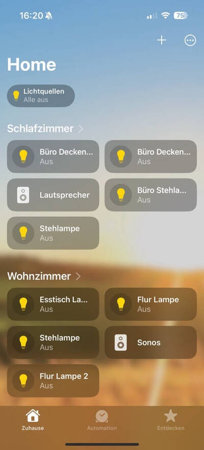 Alle Lichtquellen eines Smart Home System in der Home App Screenshot Apple Home App mit Lichtquellen