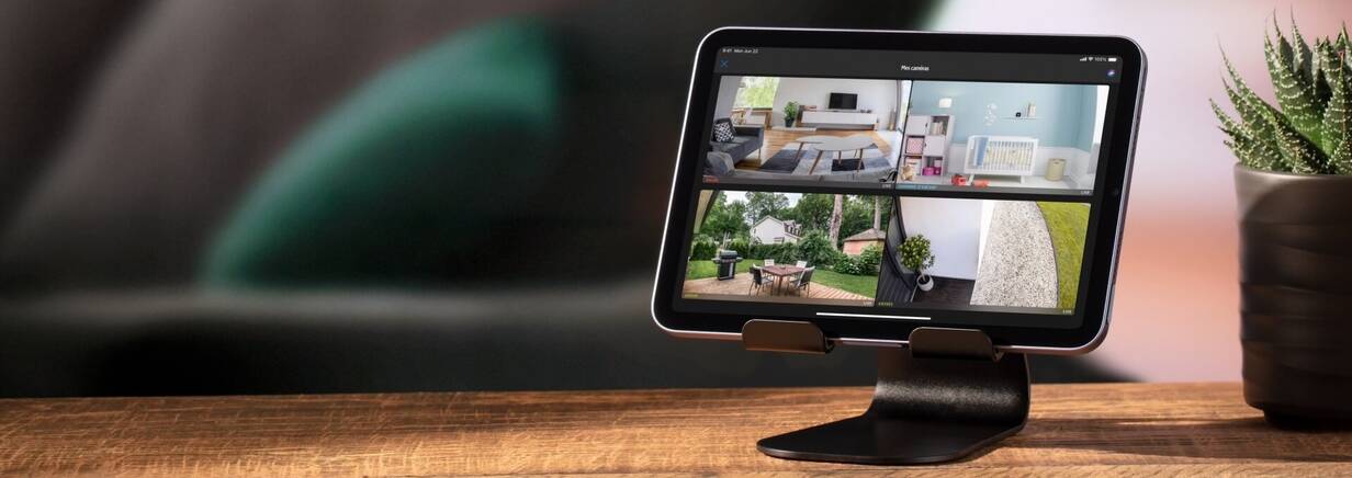 Kameras von Eve im Smart Home sind kompatibel mit Apple HomeKit Das Bild von vier Smart Home Kameras in der Home App