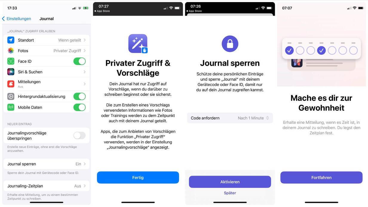 Lasse dich von der Apple Journal App an deine Vorsätze erinnern Screenshots der Einstellungen für die Apple Journal App