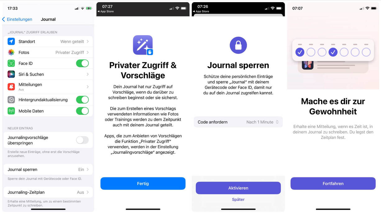 Screenshots der Einstellungen für die Apple Journal App