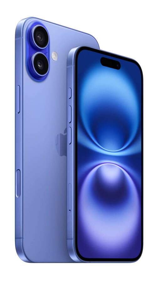 iPhone 16 und iPhone 16 Plus stehend Apple iPhone 16 Standardmodell in Ultramarin