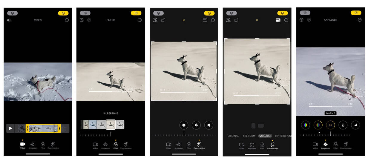 Diverse Einstellungen bei der Video-Bearbeitung (Foto: DQ Solutions) Screenshots der Foto-App bei der Video Bearbeitung mit iPhone