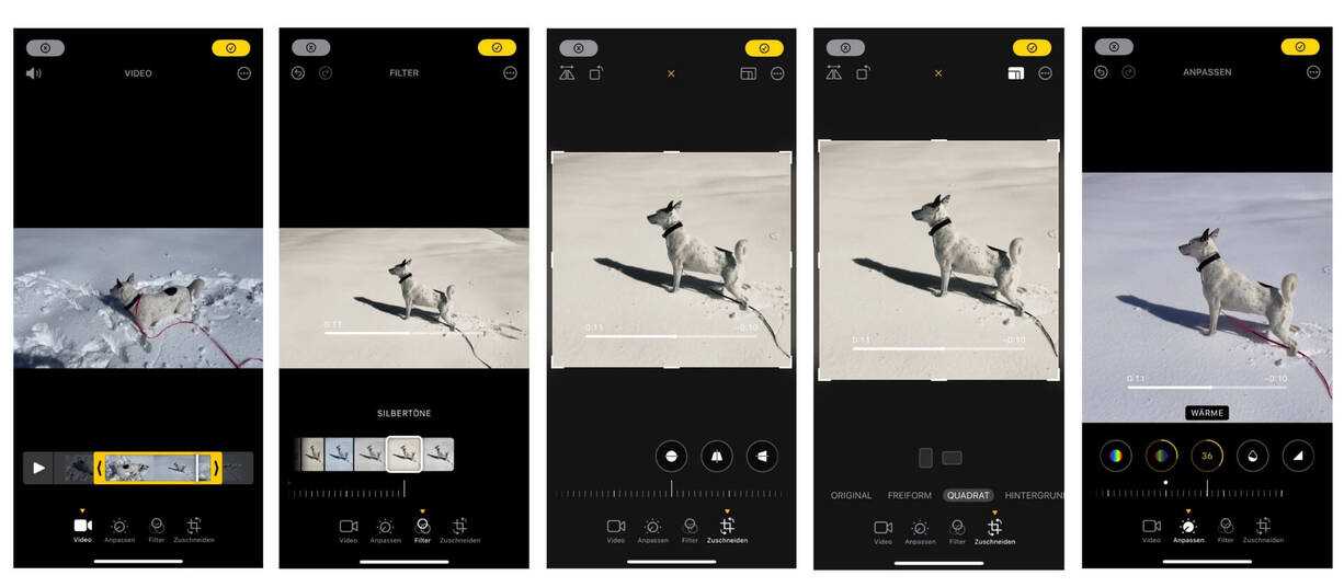 Screenshots der Foto-App bei der Video Bearbeitung mit iPhone