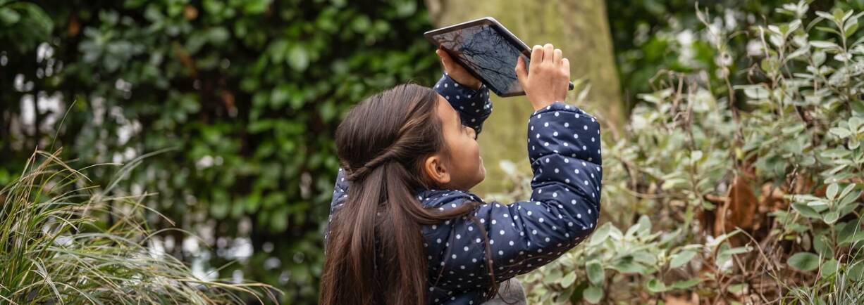 Schülerin nimmt Foto von Baumkrone auf