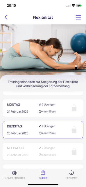 Frau beim Stretching in der App (Foto: DQ Solutions) Screenshot aus 5 Minuten Pilates Training App