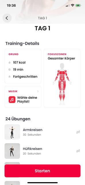 Trainingstag mit der JustFit App (Bild: DQ Solutions) Alle Übungen des ersten Trainingstages