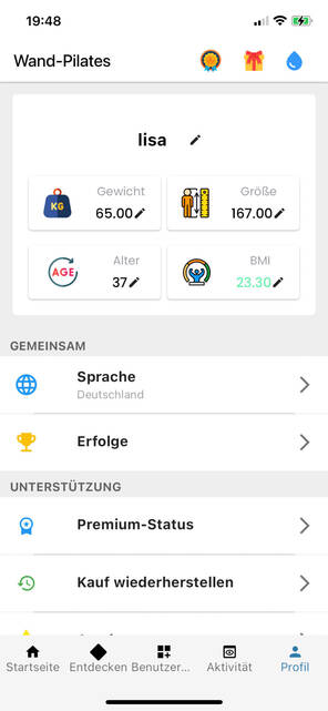 Möglichkeiten auf einen Blick (Foto: DQ Solutions) Screenshot der Wand Pilates App