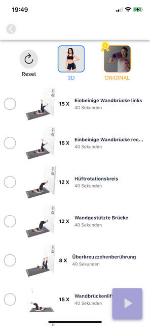 Trainingseinheit im Überblick (Foto: DQ Solutions) Übungen in der Wand Pilates App