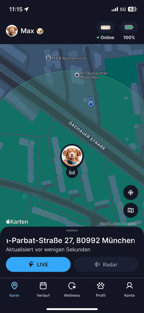 Screenshot der Tractive App (Bild: DQ Solutions) Ortung des Haustiers auf Karte
