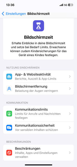 Einstellungen Bildschirmzeit (Bild: DQ Solutions) Screenshot Bildschirmzeit