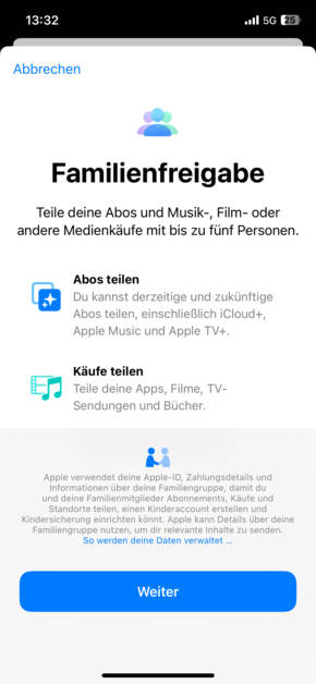 Einstellungen Familienfreigabe (Bild: DQ Solutions) Screenshot iPhone Familienfreigabe