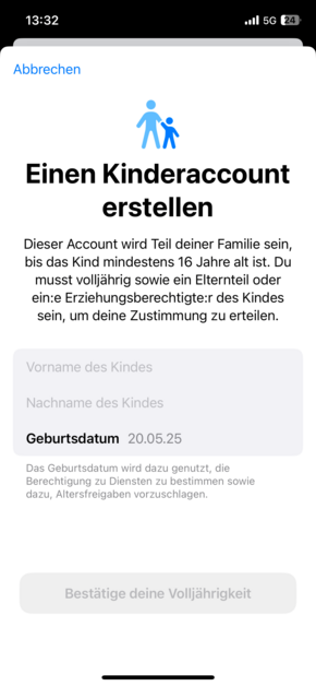 Einstellungen zur Erstellung eines Kinder-Accounts (Bild: DQ Solutions)  Screenshot Kinder-Account erstellen iPhone
