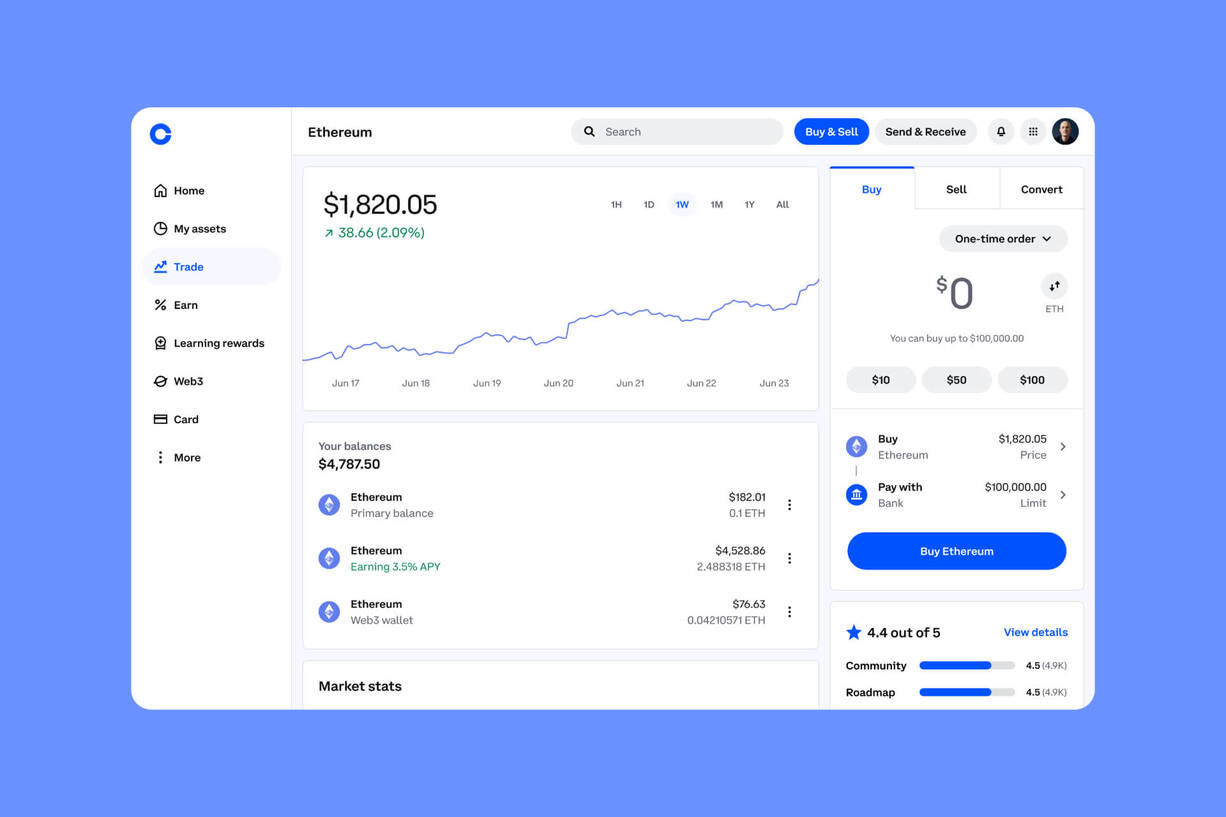 Investieren mit Coinbase (Foto: Coinbase) Screenshot der Coinbase App