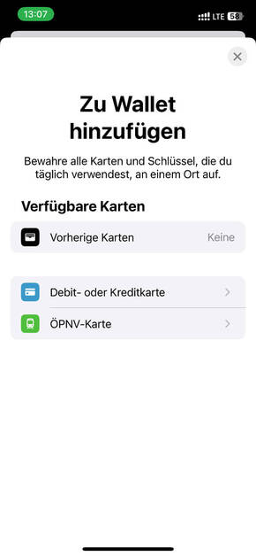 Apple Pay – Kredit- oder Debit-Karte hinzufügen (Foto: DQ Solutions) Screenshot – Karte zu Wallet hinzufügen