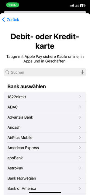 Screenshot Apple Pay - Karte auswählen