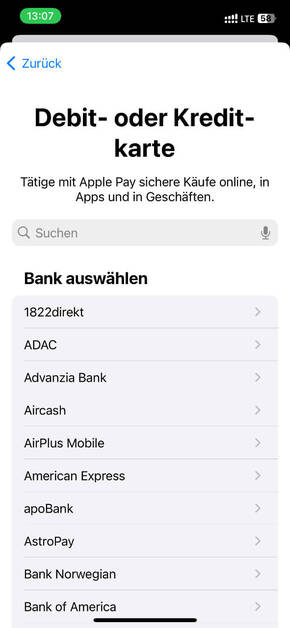 Kredit- oder Debitkarte auswählen (Foto: DQ Solutions) Screenshot Apple Pay - Karte auswählen