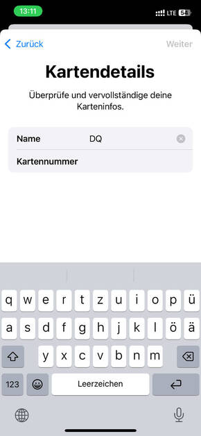 Karte manuell erfassen in Apple Pay (Foto: DQ solutions) Kartendetails bei Apple Pay manuell hinzufügen
