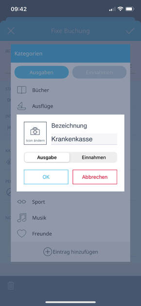 Screenshot der MoneyControl App - Ausgabe
