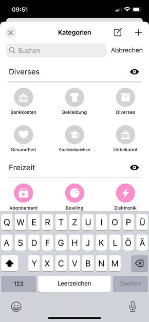 Screenshot der Kategorien in der Buddy App