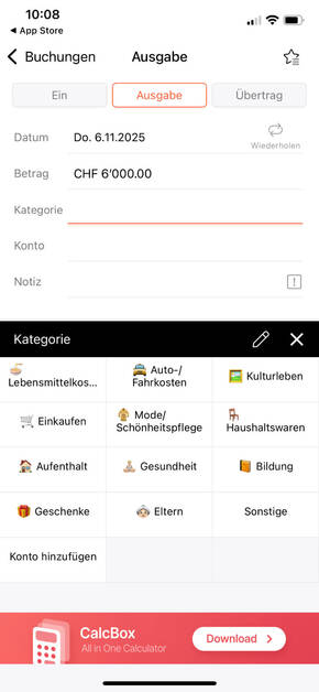 Screenshot der Ausgaben bei Money Manager