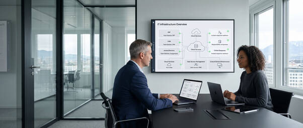 Zwei Personen analysieren IT-Infrastruktur mit ERP, CRM und Cloud-Services auf einem Präsentationsbildschirm