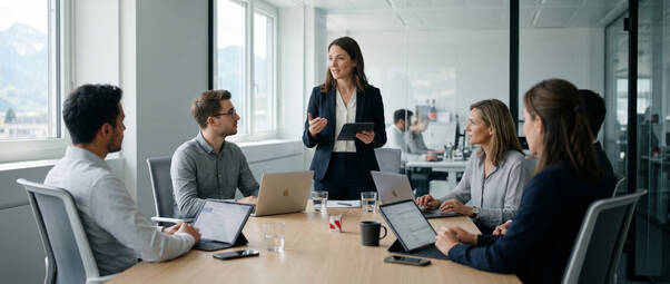 Mitarbeitende nehmen an Security Awareness Training teil, Referentin präsentiert mit Tablet vor der Gruppe