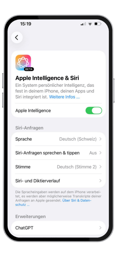 Screenshot von Apple Intelligence Einstellungen