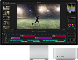 Studio Display XDR mit integriertem Standfuss, der Mac Studio passt perfekt unter das Display, Workflow mit Tools für Videoschnitt und Farbkorrektur auf dem Display