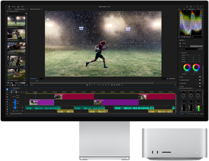 Studio Display XDR mit integriertem Standfuss, der Mac Studio passt perfekt unter das Display, Workflow mit Tools für Videoschnitt und Farbkorrektur auf dem Display