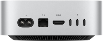 Mac mini, Rückseite, Netzanschluss, Ethernet Anschluss, HDMI Anschluss, drei Thunderbolt Anschlüsse