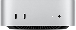 Mac mini, Vorderseite, zwei Thunderbolt Anschlüsse, Statusanzeige und Kopfhöreranschluss, schmal zulaufende Basis unten, flache Oberseite, gerundete Ecken, gerade Kanten, Farbe Silber