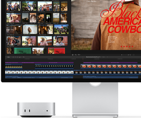 Der Mac mini mit Studio Display, das Display zeigt einen Vorspann eines Films namens Black American Cowboy auf der rechten Seite sowie mehrere Standbilder auf der linken Seite