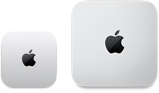 Zwei Mac mini Geräte, Oberseite, Aluminium in Silber, gerundete Ecken, glänzendes schwarzes Apple Logo in der Mitte, das Gerät auf der linken Seite ist die neuere Version und nicht mal halb so gross wie das Gerät auf der rechten Seite