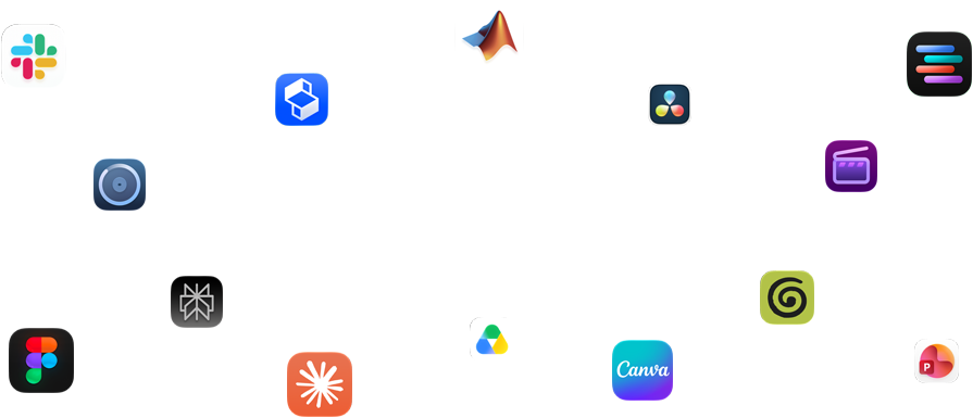 Verschiedene App Symbole sind angeordnet um den Text: Mit macOS fliegen deine Apps